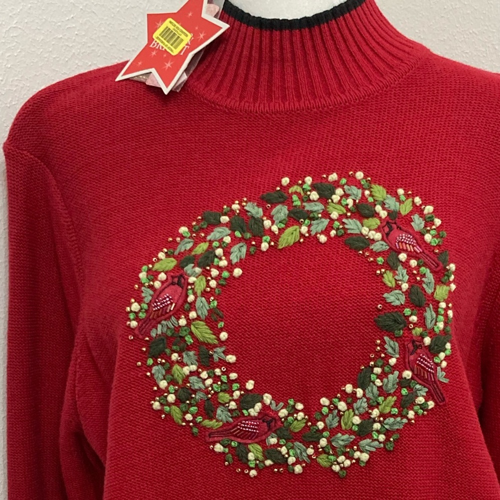 NWT Vintage Merry and Bright Red Christmas Sweater With Black Trim Size Large - Picture 3 of 16